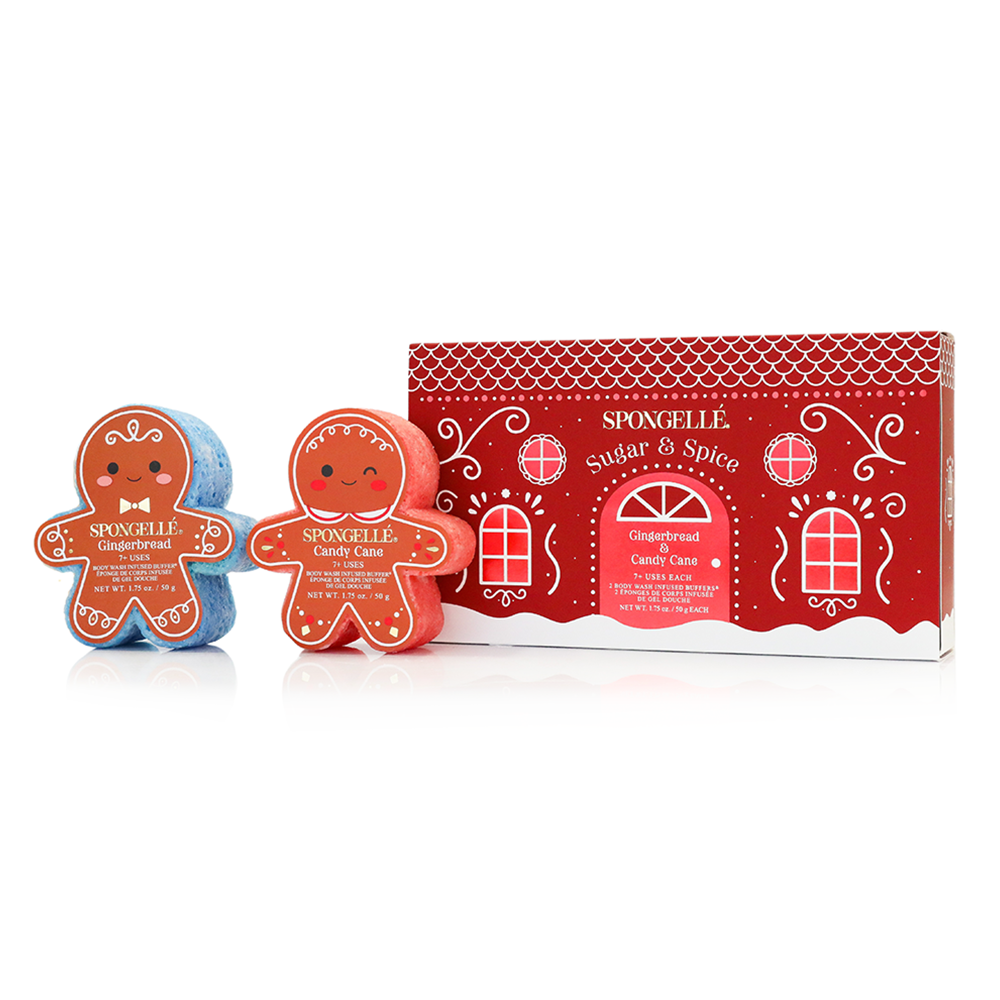 Spongellé Sugar & Spice gift set with two gingerbread buffers in front of red gift box