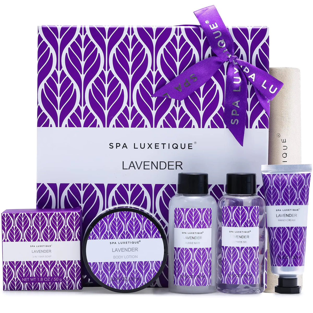 Spa Luxetique lavender spa gift set with bath products in a purple gift box