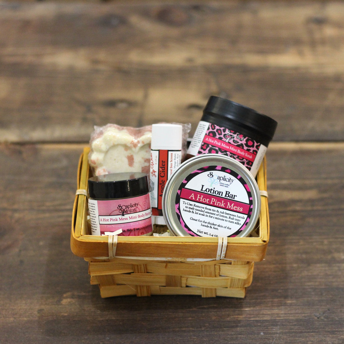 Soaplicity Scentastic Small gift set in A Hot Pink Mess, woven basket with body care items
