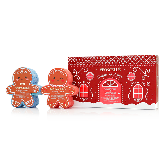 Spongellé Sugar & Spice gift set with two gingerbread buffers in front of red gift box